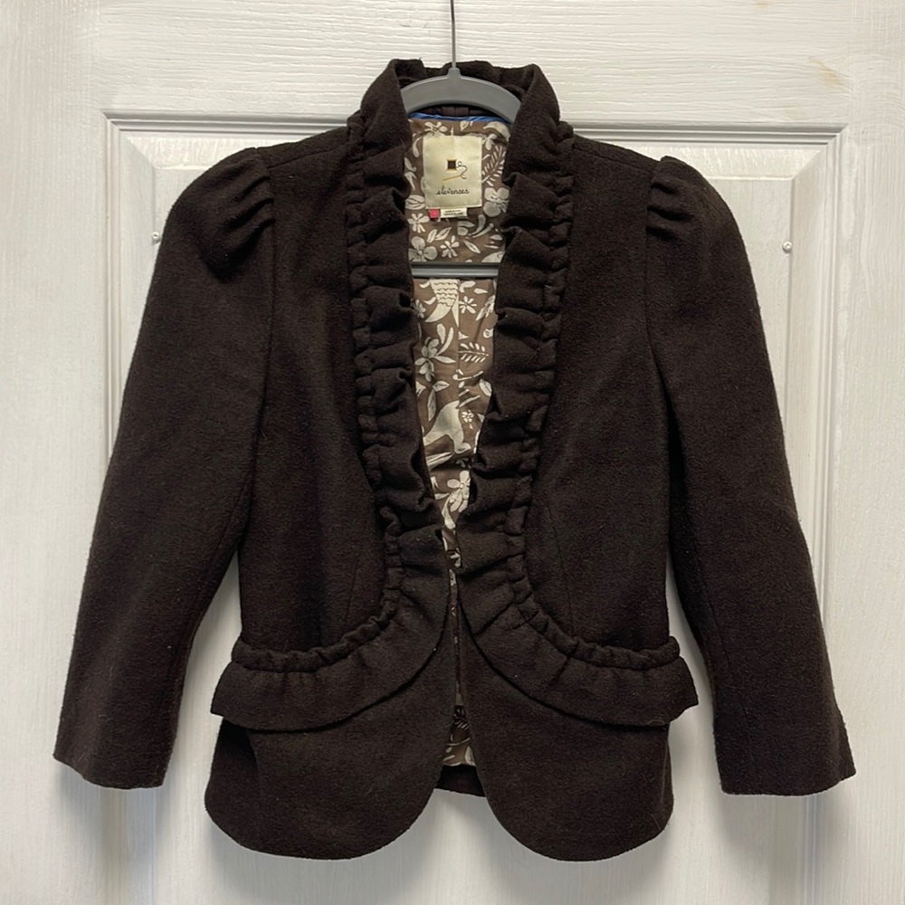 Anthropology Elevenses Brown Ruffle Blazer